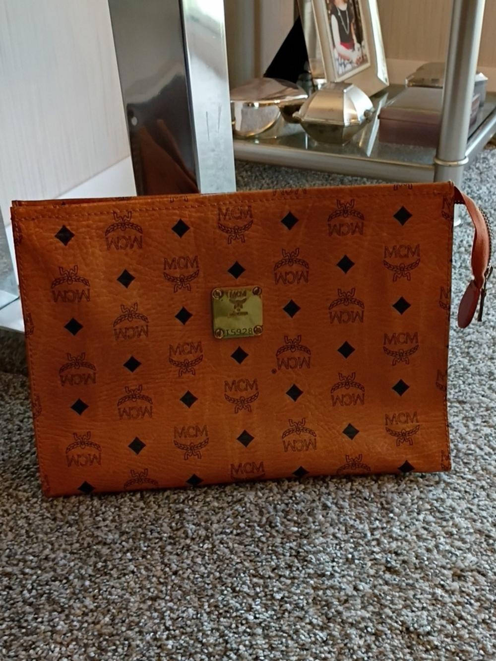 Authentic MCM Cognac Monogram Clutch/ Makeup Bag with Gold Plaque